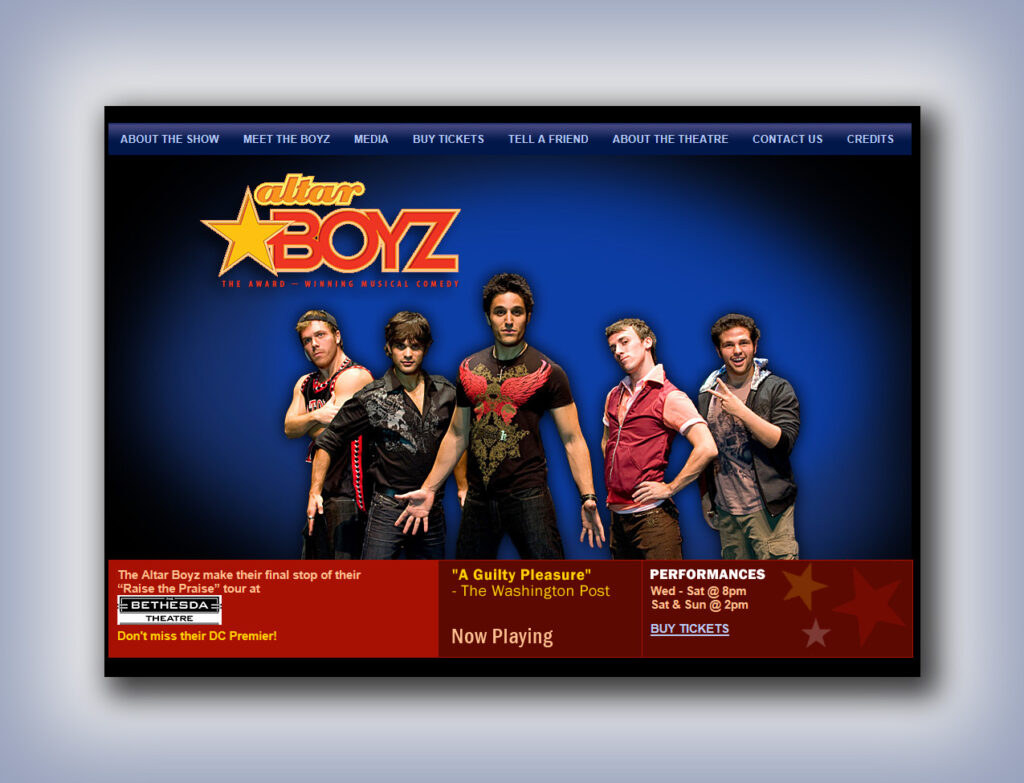 Screen capture of the website homepage for Bethesda Theater's production of the off-Broadway musical, Altar Boyz