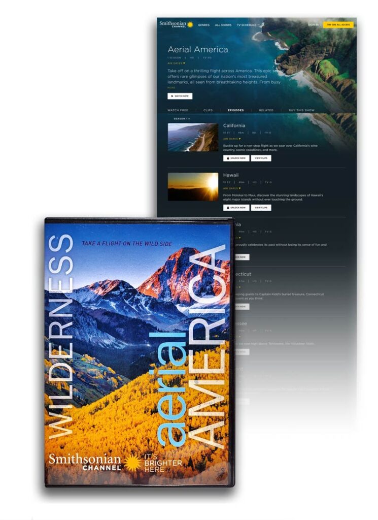 DVD cover and website page for the Smithsonian Channel program, "Aerial America: Wilderness"